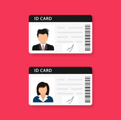 Woman and man plastic ID cards, car driver licences with male and female photo on red background. ID card, identification card, drivers license, identity verification, person data. Vector illustration