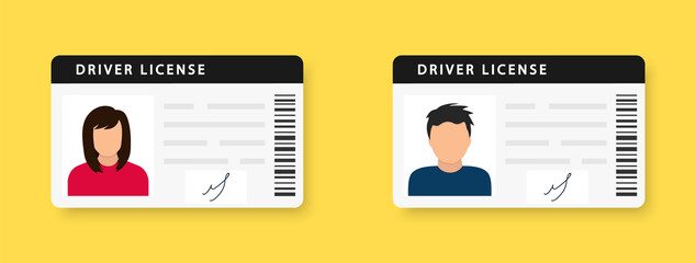 Driver license. ID card. Identity card with a photograph of a man and a woman. Icon driver's license. Driver license id with photo avatar icon. Vector illustration. EPS 10