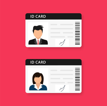 Woman and man plastic ID cards, car driver licences with male and female photo on red background. ID card, identification card, drivers license, identity verification, person data. Vector illustration