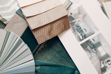 Interior designer woman at work. Design color palette and interior decoration.