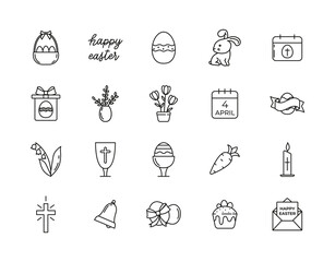 The Line icons for Happy Easter holiday. Outline symbols. Editable stroke.