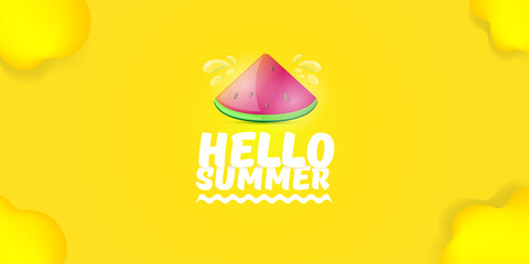 Vector Hello Summer Beach Party horizontal banner Design template with fresh watermelon slice isolated on yellow background. Hello summer concept label or poster with fruit and typographic text.
