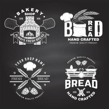 Set of bakery badge, logo. Vector. Typography design with farm, ears of wheat, old oven, windmill silhouette. Template for restaurant identity objects, packaging and menu