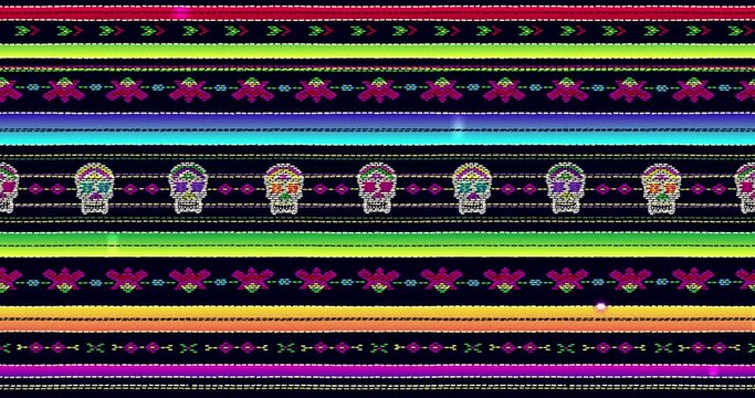 Mexican fabric textile seamless pattern with colorful stripes and Catrina`s human skull. Animation loop endless straight stripes blanket texture multicolor colorful background. Day of the Dead holiday