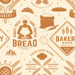 Bakery shop seamless pattern or background. Vector. Seamless bakery pattern with with rolling pin, windmill, wheat ears silhouette. Bakery shop texture.