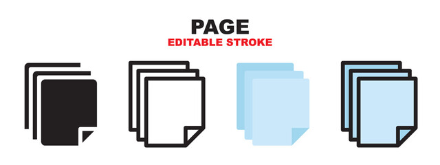 Page paper icon set with different styles. Colored vector icons designed in filled, outline, flat, glyph and line colored. Editable stroke style can be used for web, mobile, ui and more.