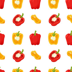 Seamless pattern with peppers. Simple color pattern with vegetables. The elements in the flat style are isolated without a background. For the design of kitchen accessories and food packaging.