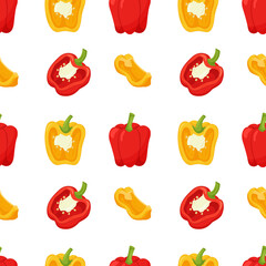 Seamless pattern with peppers. Simple color pattern with vegetables. The elements in the flat style are isolated without a background. For the design of kitchen accessories and food packaging.