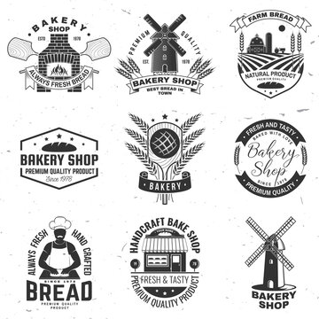 Set of Bakery shop badge. Vector Design with windmill, rolling pin, dough, wheat ears, old oven, wooden bread shovels silhouette. For restaurant, bakery identity objects, packaging menu