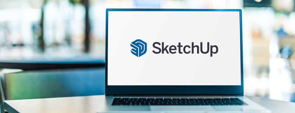 Laptop computer displaying logo of SketchUp