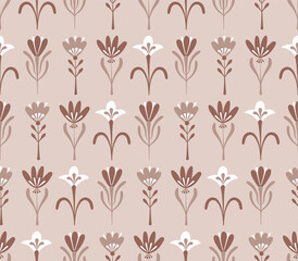Folksy floral seamless vector pattern. Boho neutral flower tulip print. Folk art spring bloom background. 
