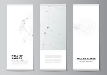 Vector layout of roll up mockup templates for vertical flyers, flags design templates, banner stands, advertising mockups. Gray technology background with connecting lines and dots. Network concept.