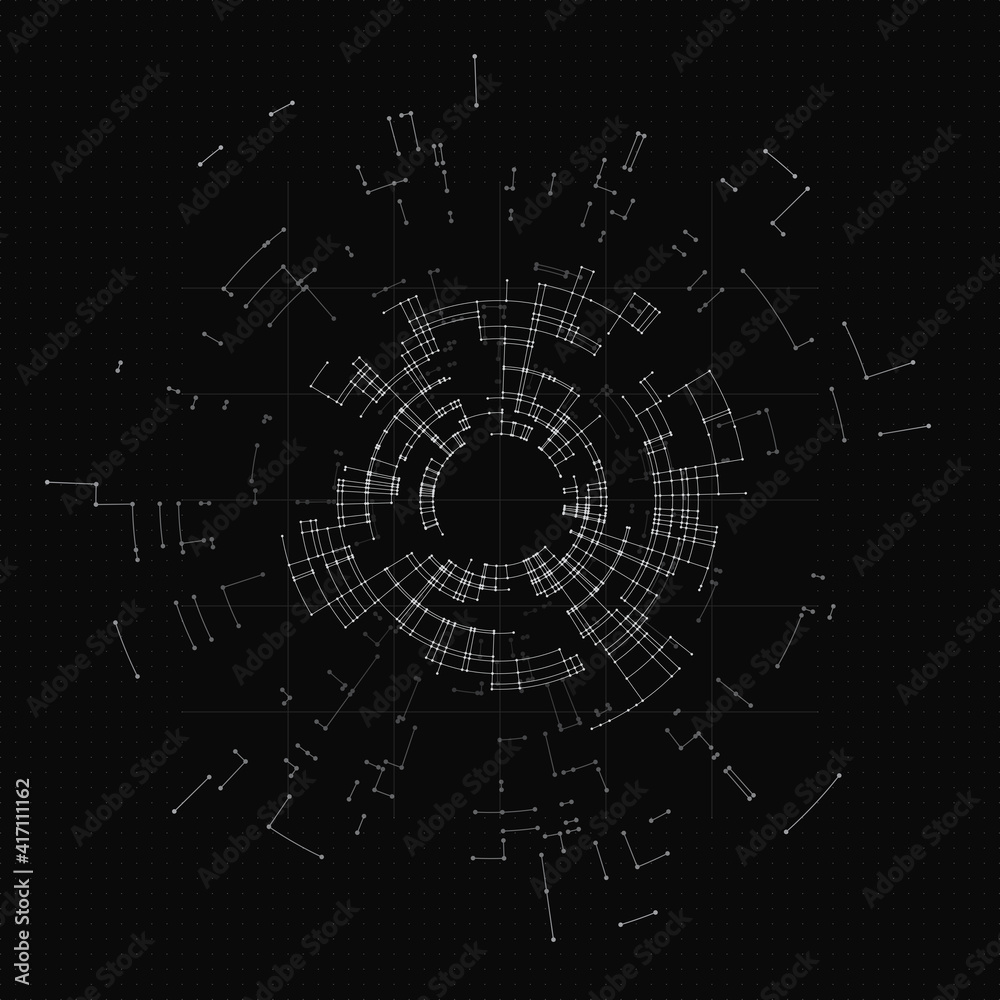 Poster black color polygonal science background. digital data visualization with abstract dynamic motion wi