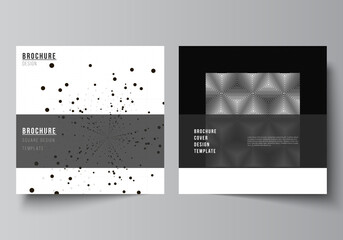 Fototapeta premium Vector layout of two square covers design templates for brochure, flyer, magazine, cover design, book design.Black color technology background. Digital visualization of science, medicine, tech concept