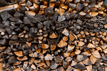 Wall of vibrant firewood of many shapes and sizes