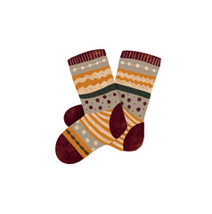 Cute knitted striped socks. Illustration on white isolated background 