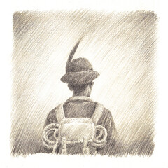 vintage climber illustration. pencil drawing. mountain backpack. Alpini.explorer. Mountaineer.