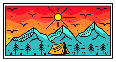 camp in mountain monoline vintage outdoor badge design