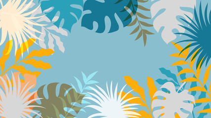Fototapeta na wymiar Beach cheerful pattern wallpaper of tropical leaves of palm trees and monstera leaf. Bright tropical background with jungle plants.vector illustration.