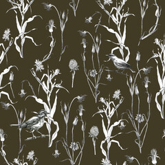 Illustration, pencil. A pattern of leaves and branches of plants, birds. Freehand drawing of flowers on brown background.