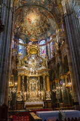 Fototapeta na wymiar Cathedral de Lugo in Galicia Spain. Nave with the high altar of neoclassic eighteenth century and paintings on the ceiling 
