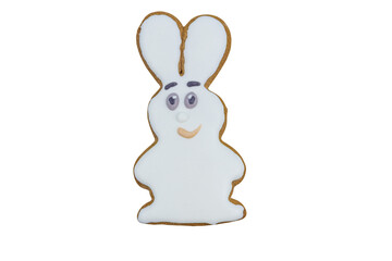 Gingerbread cookie in shape of bunny isolated on a white background