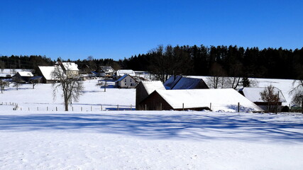 winterliches Schwarzwalddorf mit Häusern, Wald  und Schnee unter blauem Himmel