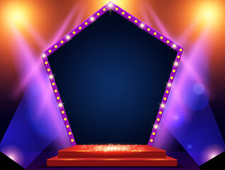 Background with podium and blue and yellow spotlights and arch banner. Design for presentation, concert, show