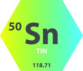 Sn Tin Post transition metal Chemical Element vector illustration diagram, with atomic number and mass. Simple gradient fla hexagon esign for education, lab, science class.