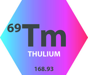 Tm Thulium Lanthanide Chemical Element vector illustration diagram, with atomic number and mass. Simple gradient fla hexagon esign for education, lab, science class.