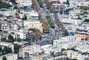 San Francisco, USA, September 17th 2015: Aerial view of a flag with LGTBI colors in the Castro...