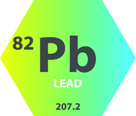 Pb Lead Post transition metal Chemical Element vector illustration diagram, with atomic number and mass. Simple gradient fla hexagon esign for education, lab, science class.