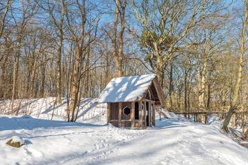 small cabin in the woods, in a snowy landscape
