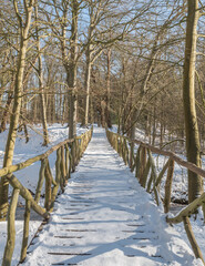 wooden bridge covered in snow, in a nature park