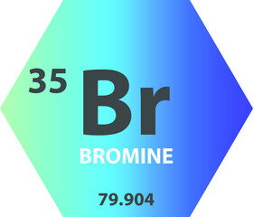 Br Bromine Halogen Chemical Element vector illustration diagram, with atomic number and mass. Simple gradient hexagon for education, lab, science class.
