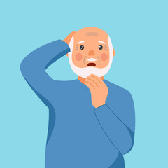 Forgetful man holding hand to his head in flat design. Forgetfulness. Senior old man has Alzheimer’s disease.