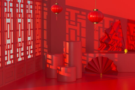 3D Render Chinese Style Red Stand