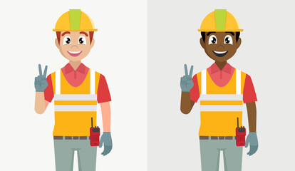 Happy engineer with victory gesture against.