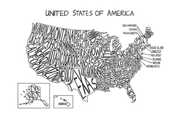 USA map monochrome black and white grunge hand drawn style. American states names casual lettering. Vector illustration. US travelling, trip, banner, fabric print design.