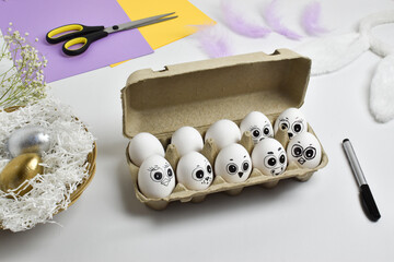 Chicken eggs painted with animal faces. Easter. Art.