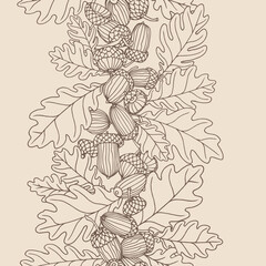 Fototapeta premium vertical abstract seamless pattern of oak acorns, for ornament and backdrops designs, border, frame, vector illustration with colored contour lines on a brown background in doodle and hand drawn styl 