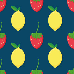 Strawberries and lemons on deep blue seamless pattern. Vector illustration.