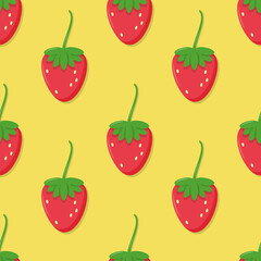 Strawberries on bright yellow background seamless pattern. Vector illustration.
