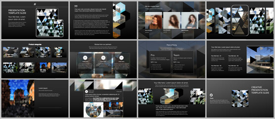 Vector templates for website design, presentations, portfolio. Templates with triangles, triangular pattern for presentation slides, flyer, leaflet, brochure cover. Backgrounds with place for photo.