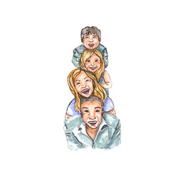 Fototapeta na wymiar Watercolor drawing of a Happy Family of four