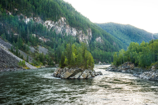 Rocky island covered by spurce trees in twilight. Confluence of the mountain rivers Balyiktyig hem and Kyzil hem, Siberia, Russia.