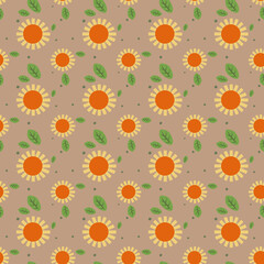Seamless pattern with abstract sunflowers. Flowers on beige background.