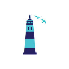 Lighthouse icon with seagulls on white isolated background. Vector