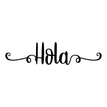 Banner con texto manuscrito hola en espa&ntilde;ol escrito a mano con florituras en color negro