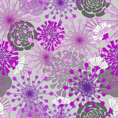  Seamless floral pattern, vector. Hand draw flowers on grey background.